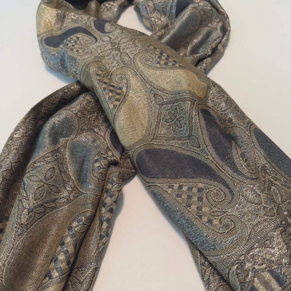 Pashmina Silk Paisley Scarf Gold Bronze Grey Metallic Jacquard Fringe Wrap Shawl - Picture 2 of 9
